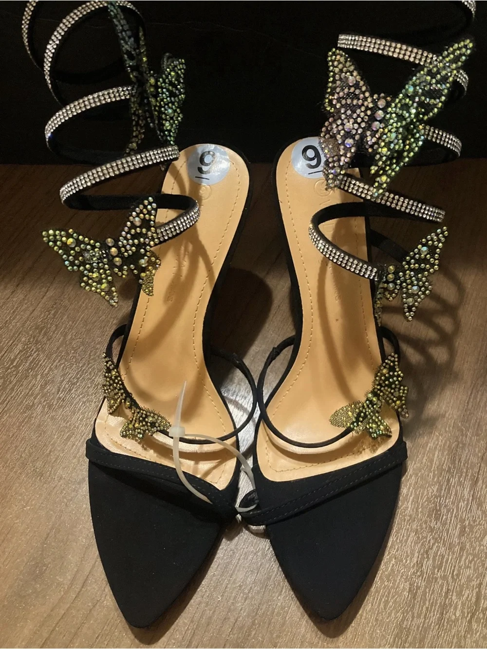 Wild Diva Black Butterfly Crystal Strappy Heels